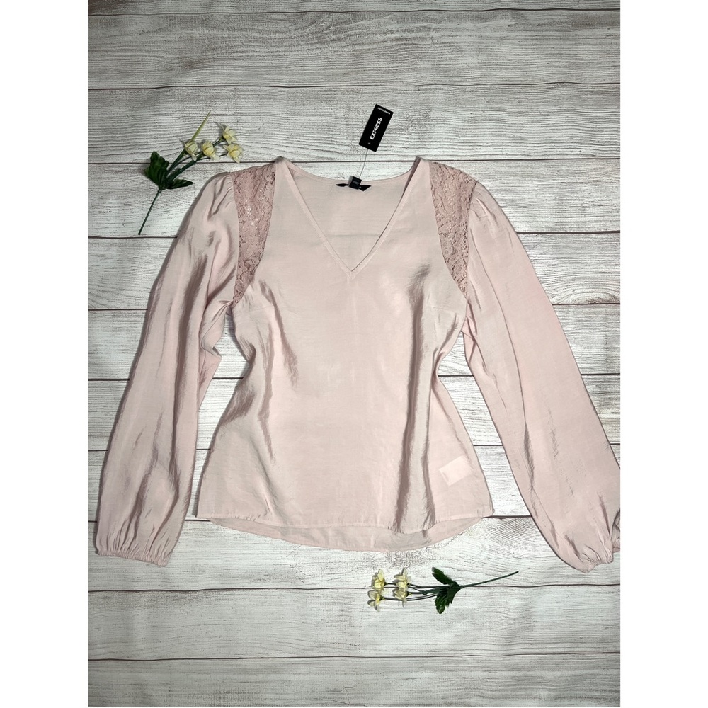 EXPRESS V-Neck Lace Trim Balloon Sleeve Top